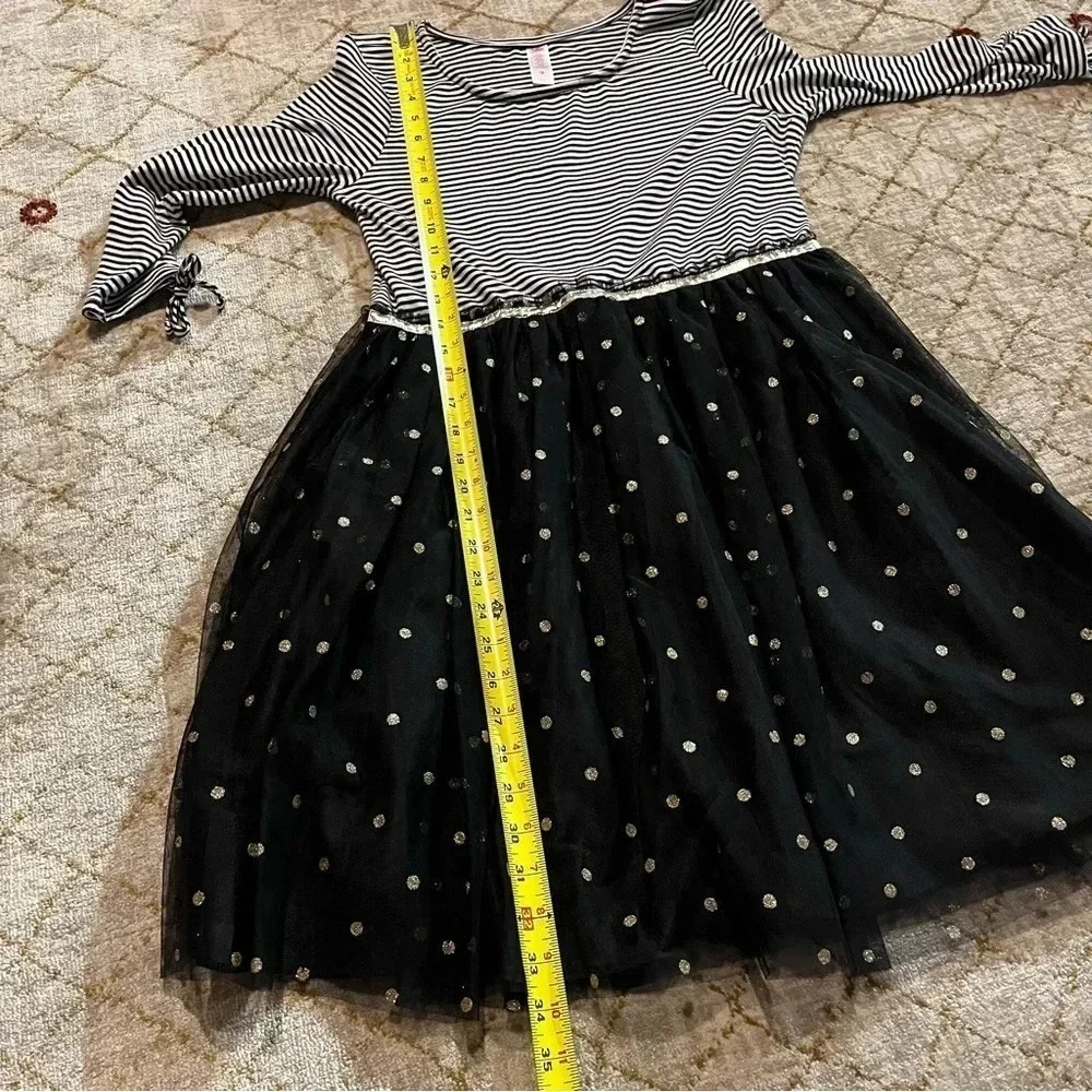 Justice Girls Dress Sz 18 Black White Stripes Tulle Gold Polka Dots Rocker Chic